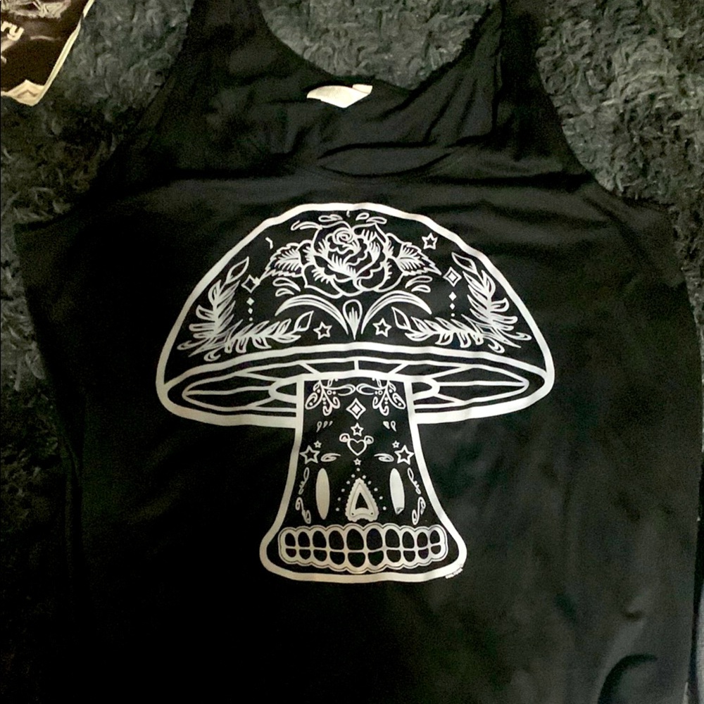 Black Tank Top with White Mushroom Design